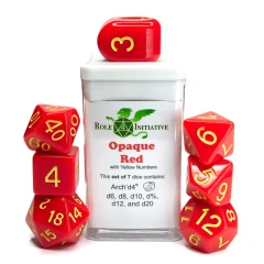 Set Of 7 Dice: Opaque Red W/ Yellow Numbers